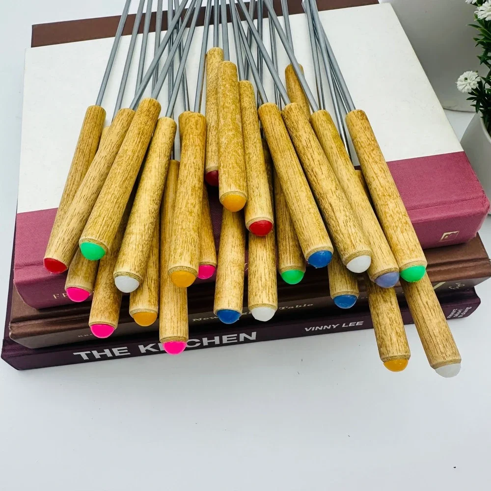 Vintage Wood Handle Fondue Forks Lot of 23 Multi Color Tips MCM Skewers